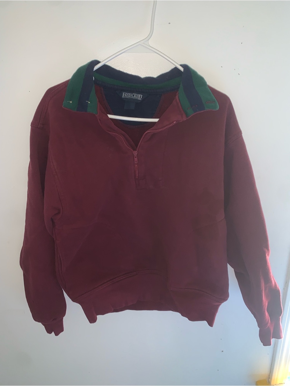 Lands' End Men's Crewneck Pullover - Burgundy Body with Green Collar